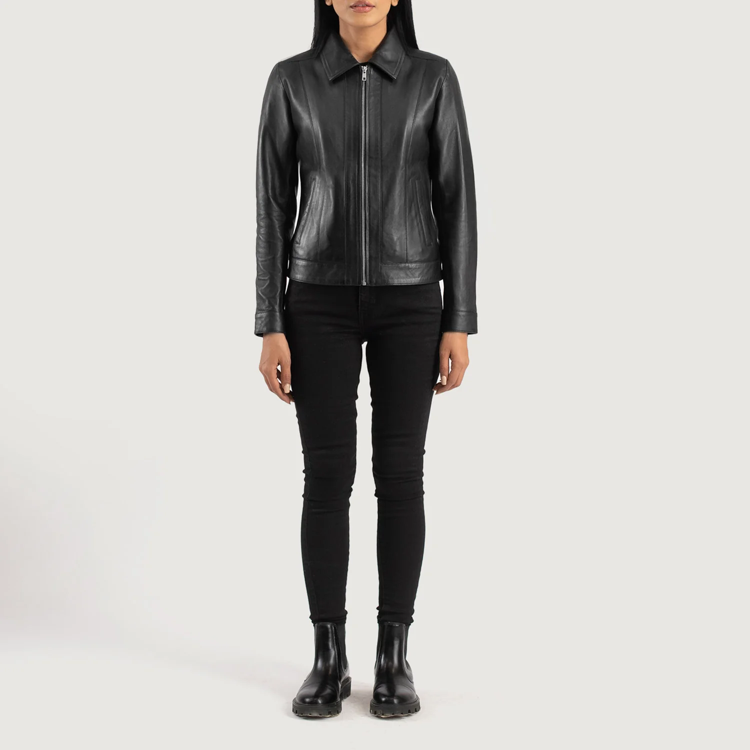 Women's Vixen Black Leather Jacket with Classic Shirt Collar - Premium Sheepskin Outerwear - Image 2