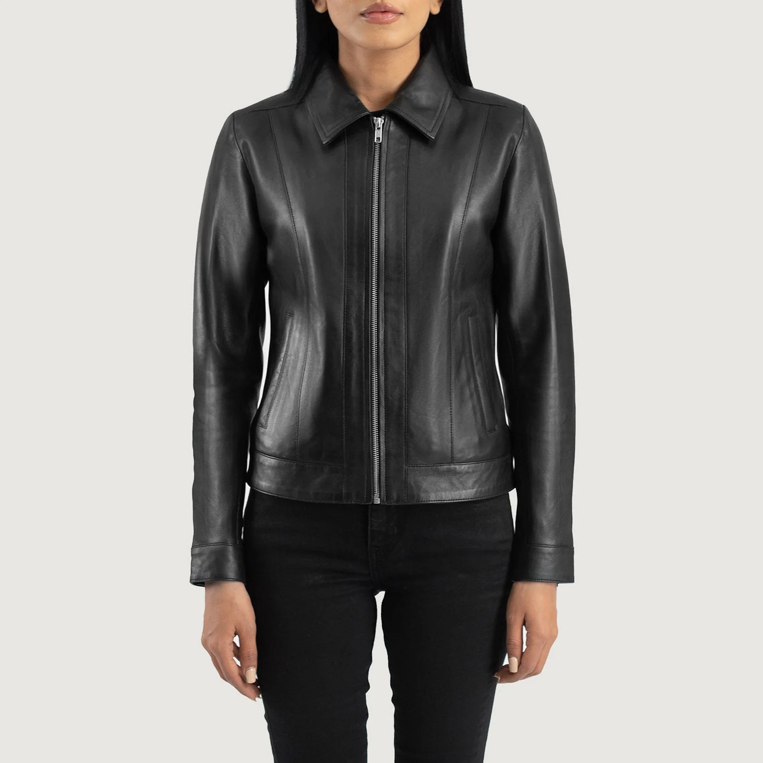 Women's Vixen Black Leather Jacket with Classic Shirt Collar - Premium Sheepskin Outerwear - Image 3