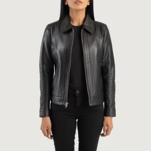 Women's Vixen Black Leather Jacket with Classic Shirt Collar - Premium Sheepskin Outerwear