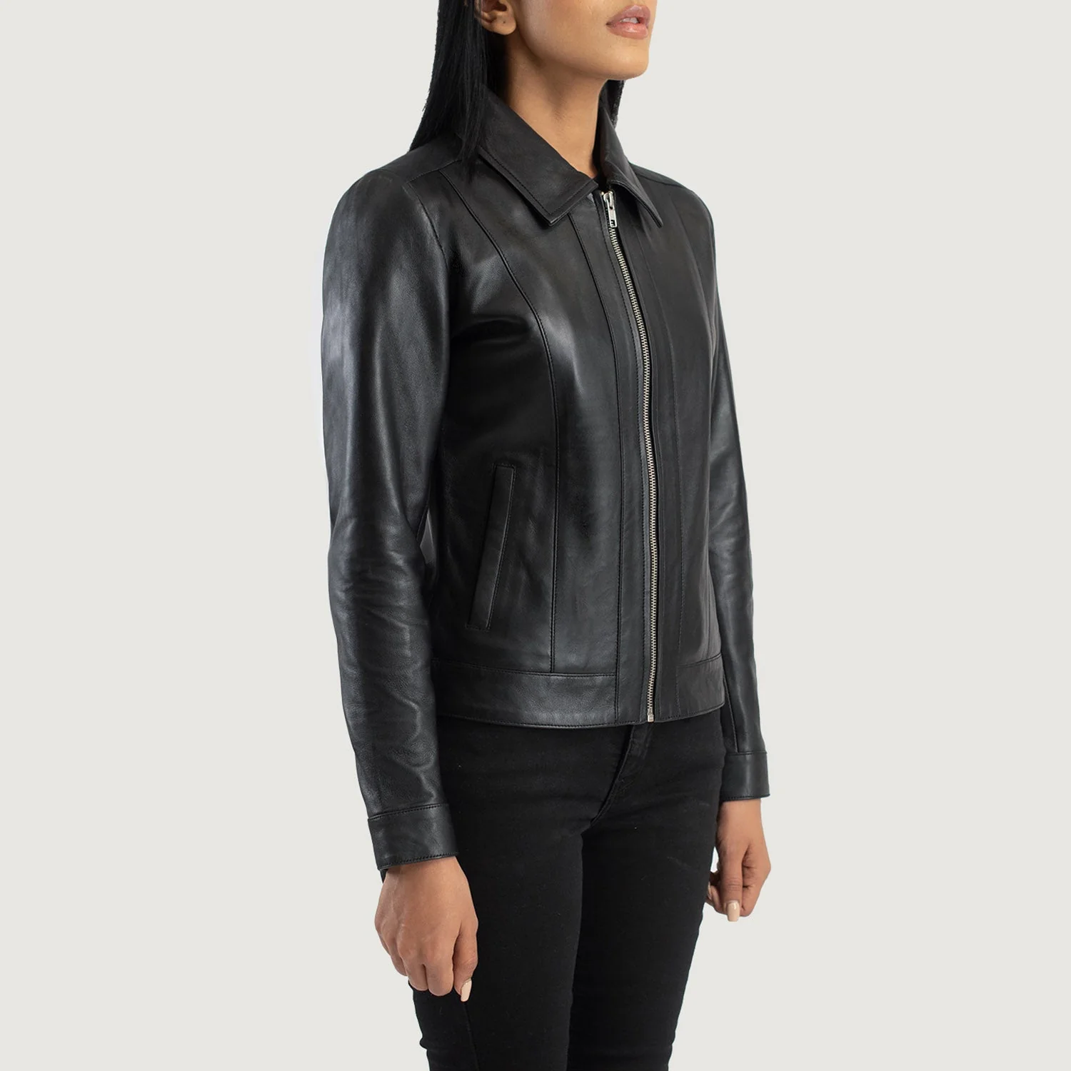 Women's Vixen Black Leather Jacket with Classic Shirt Collar - Premium Sheepskin Outerwear - Image 4